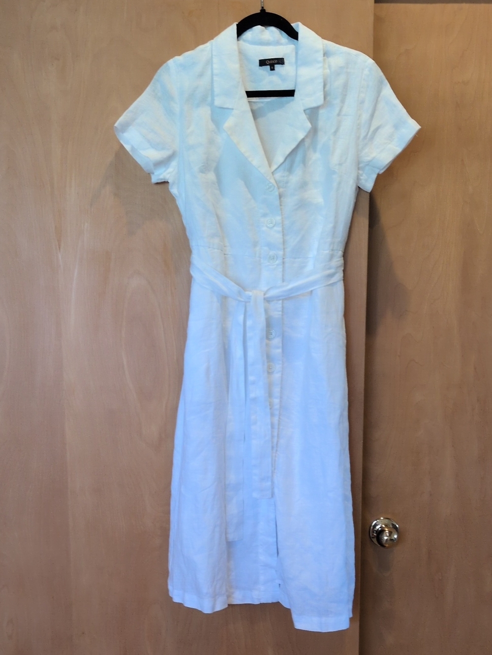 White Button-Front Linen Dress with Tie Waist